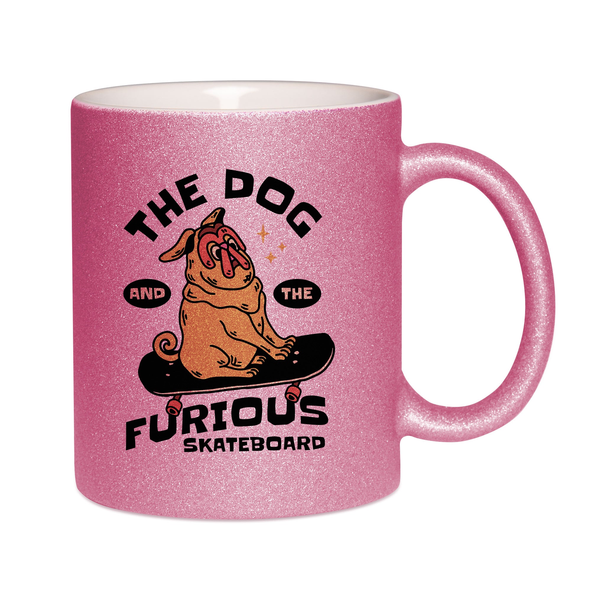 Mug paillettes rose personnalisé The dog and the furious skateboard
