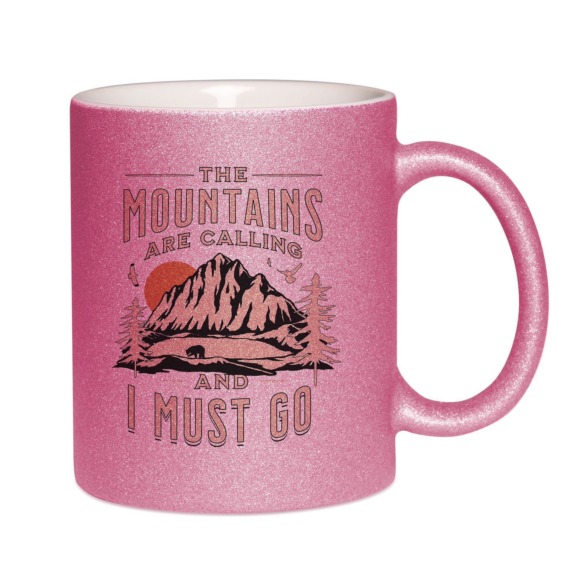 Mug paillettes rose personnalisé The mountains are calling ang I must go