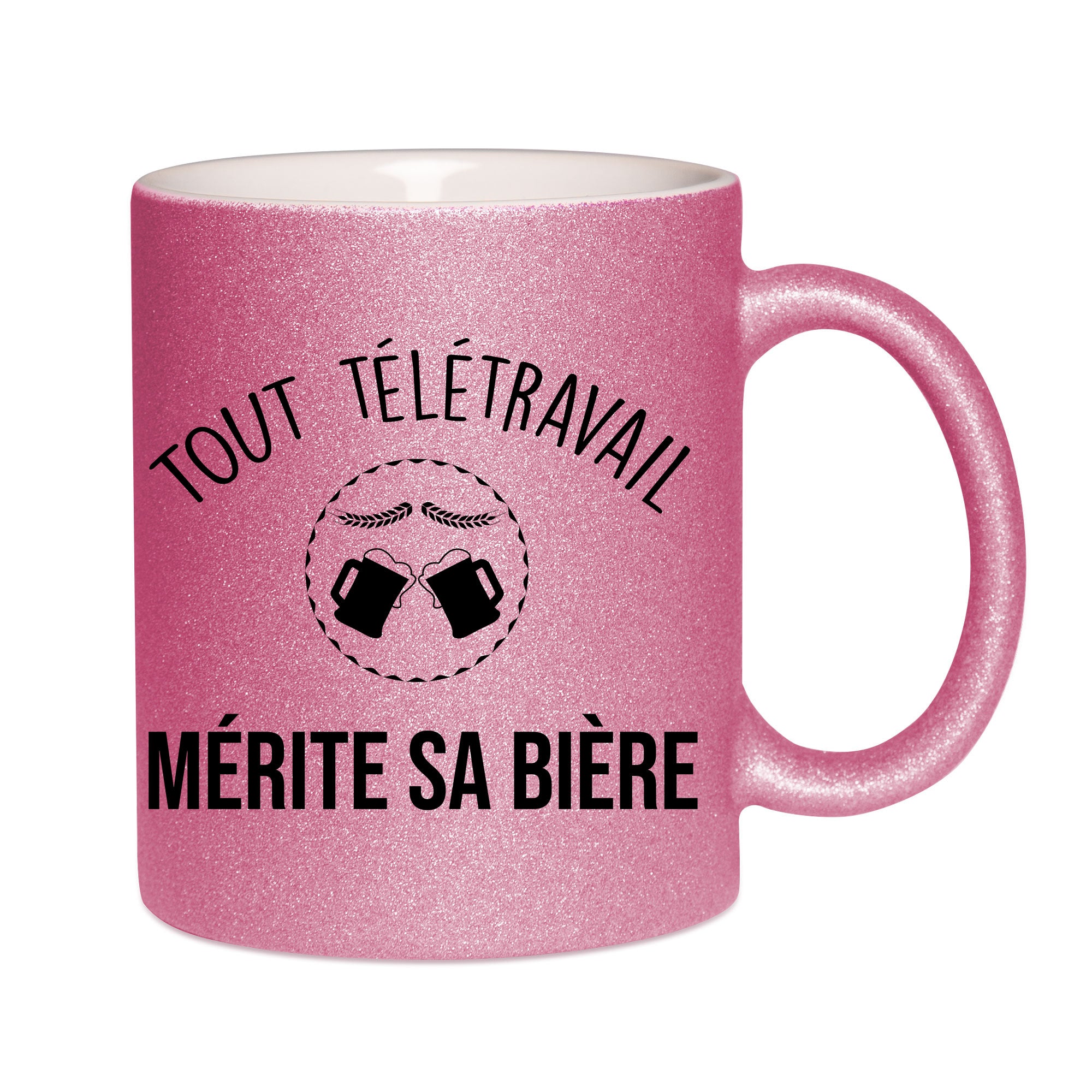 Mug paillettes rose personnalisé Tout télétravail mérite sa bière