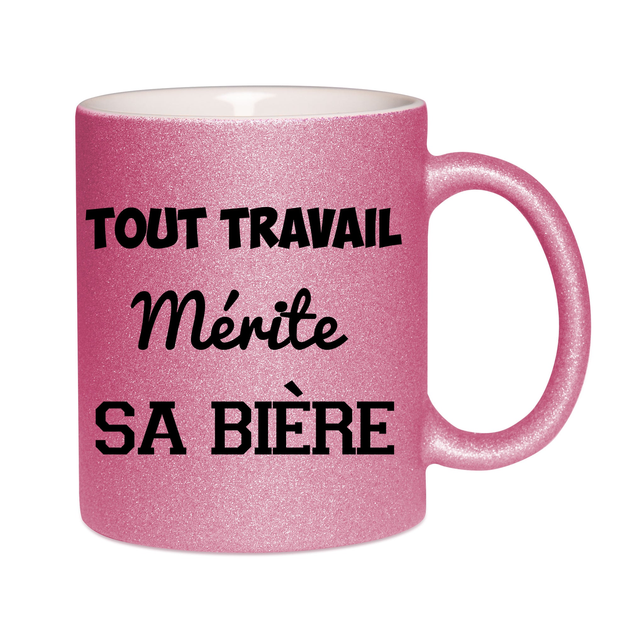 Mug paillettes rose personnalisé Tout travail merite sa biere