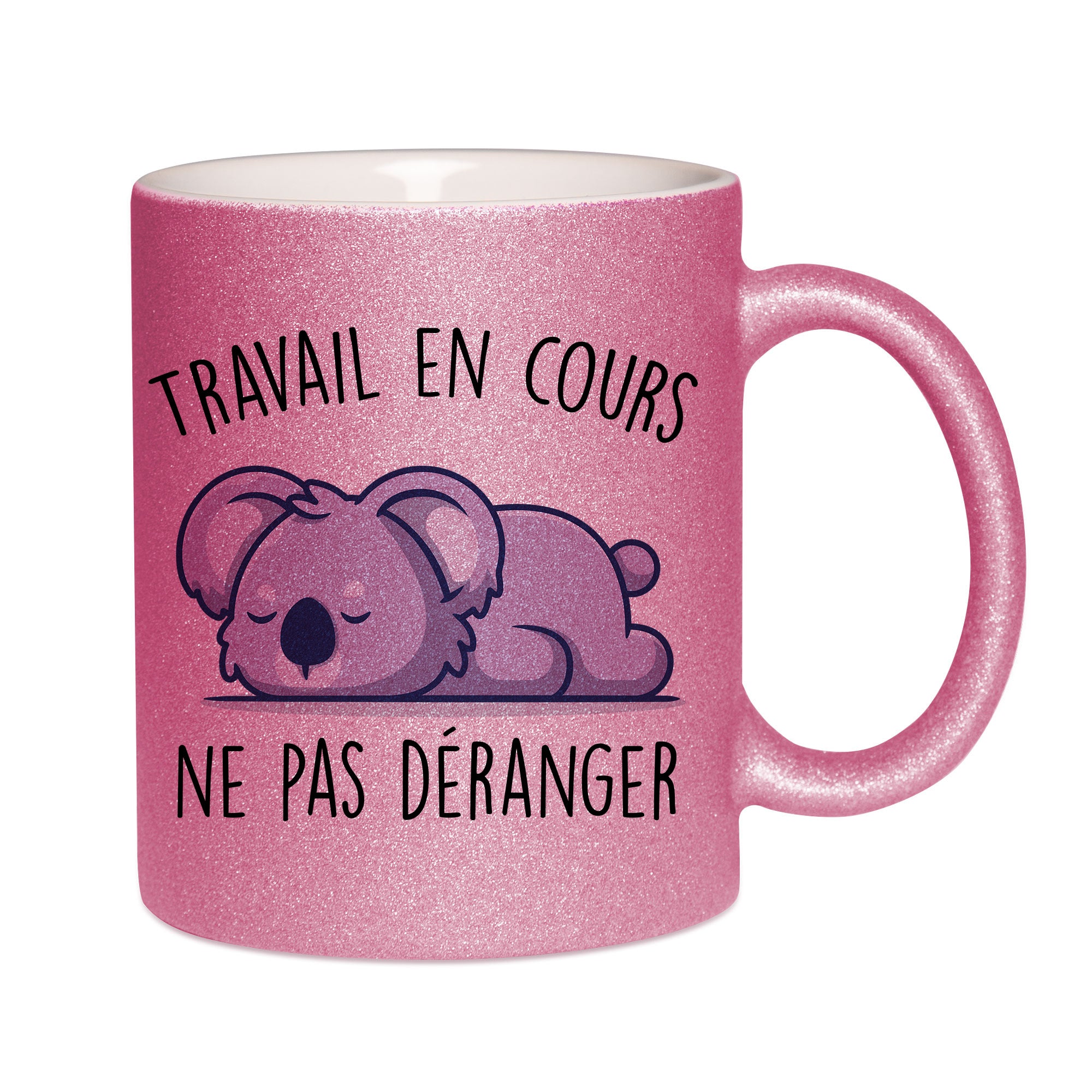 Mug paillettes rose personnalisé Travail en cours, ne pas déranger