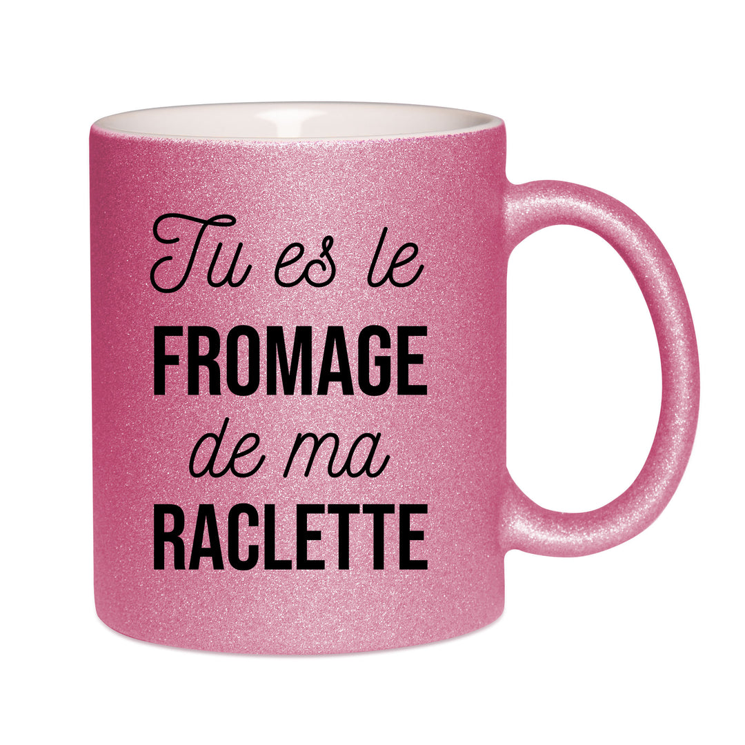 Mug paillettes rose personnalisé Tu es le fromage de ma raclette