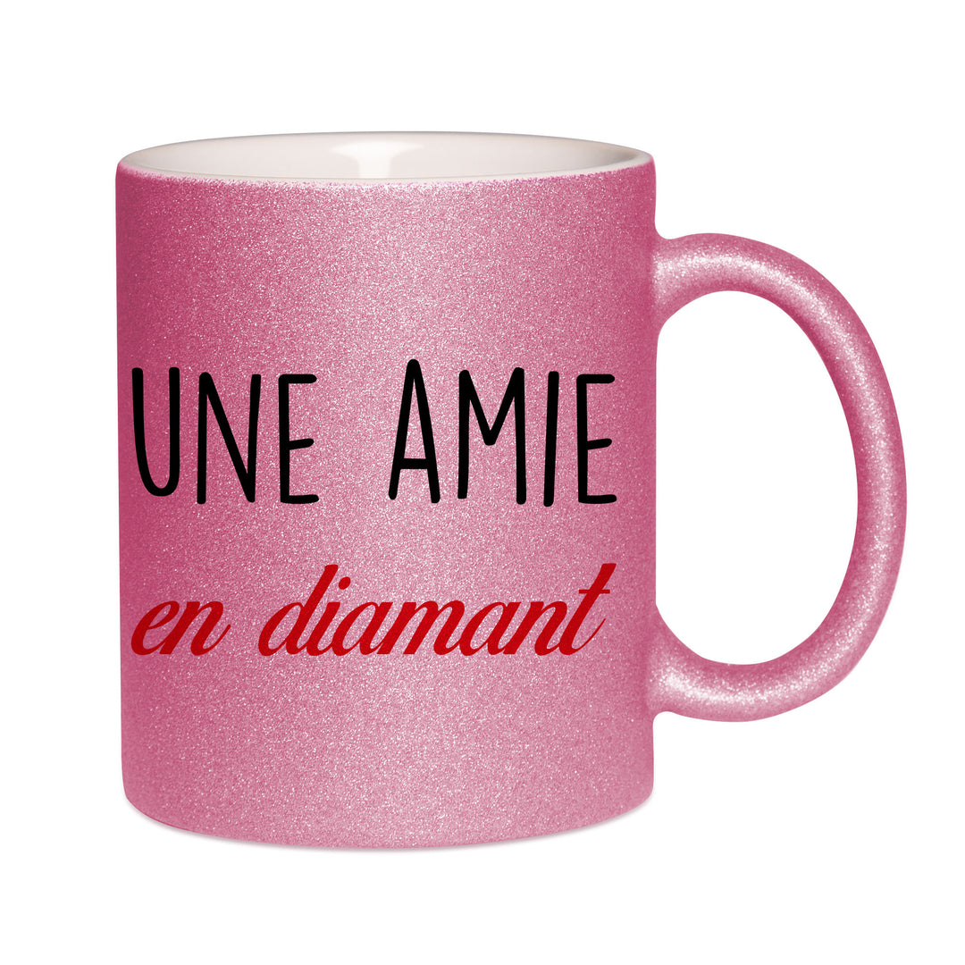 Mug paillettes rose personnalisé Une amie en diamant