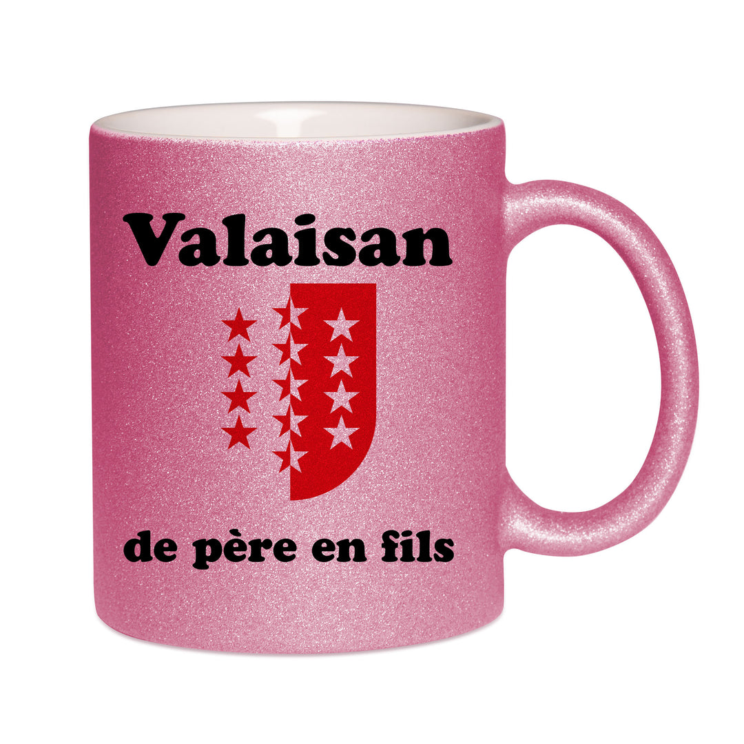 Mug paillettes rose personnalisé Valaisan de pere en fils