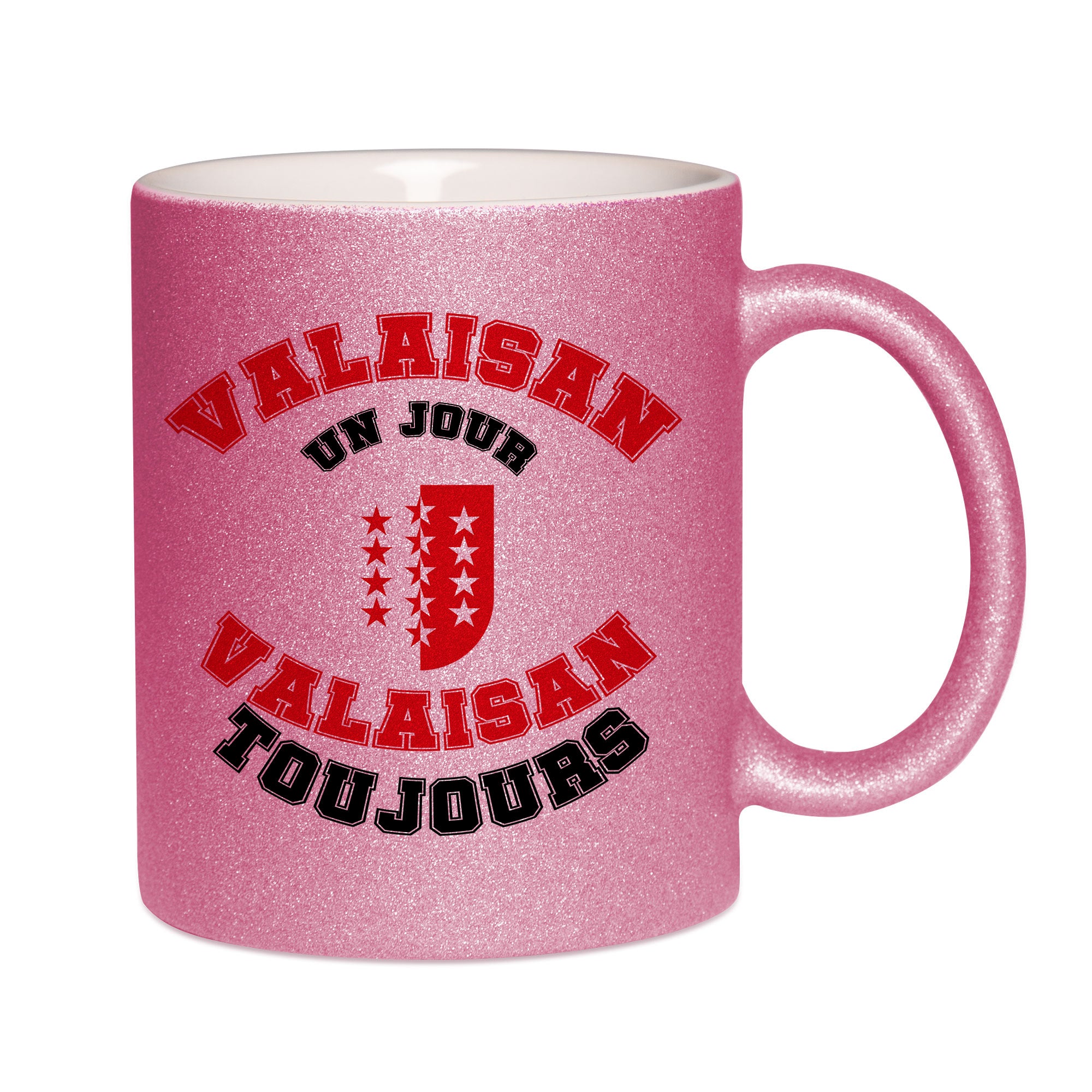 Mug paillettes rose personnalisé Valaisan un jour