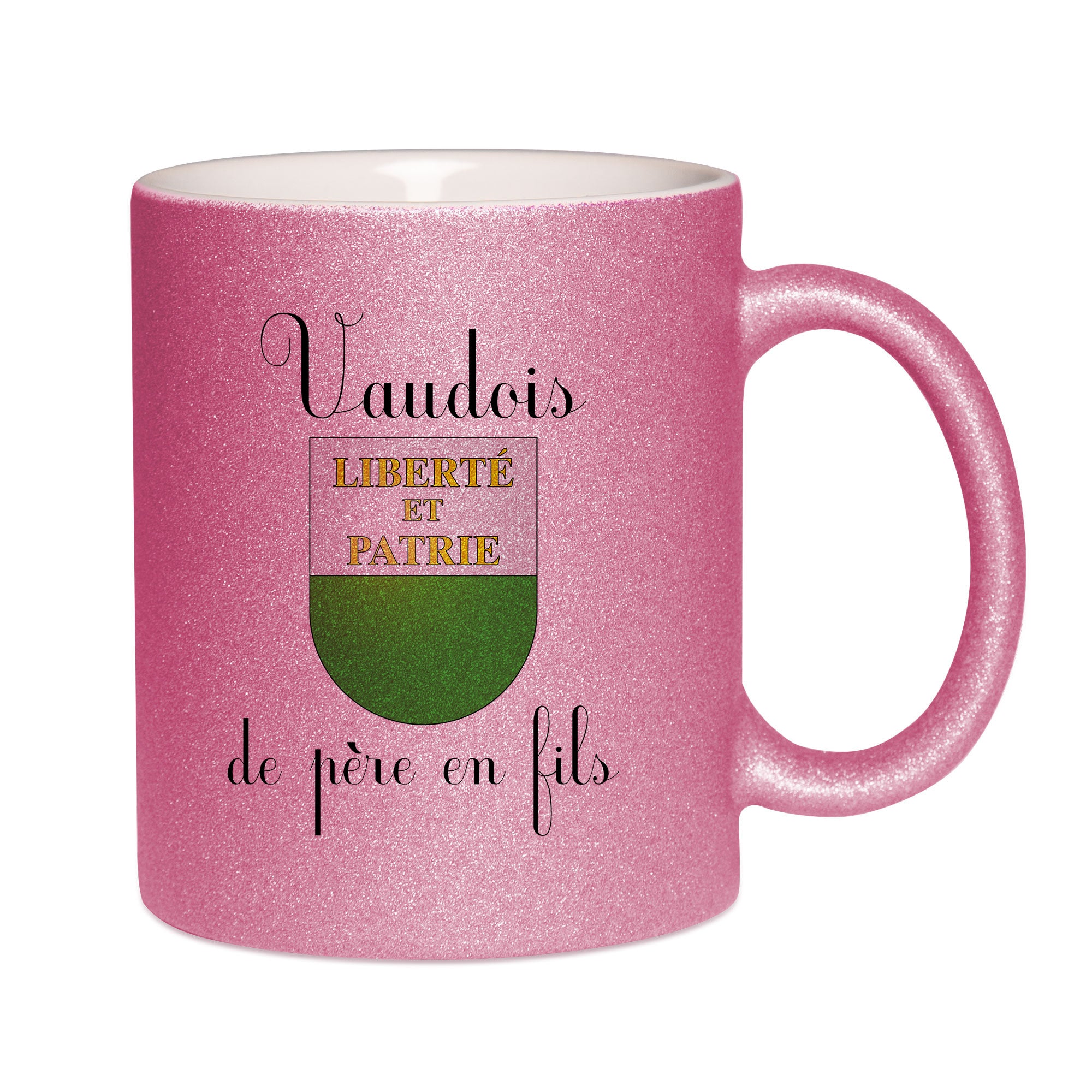 Mug paillettes rose personnalisé Vaudois de père en fils