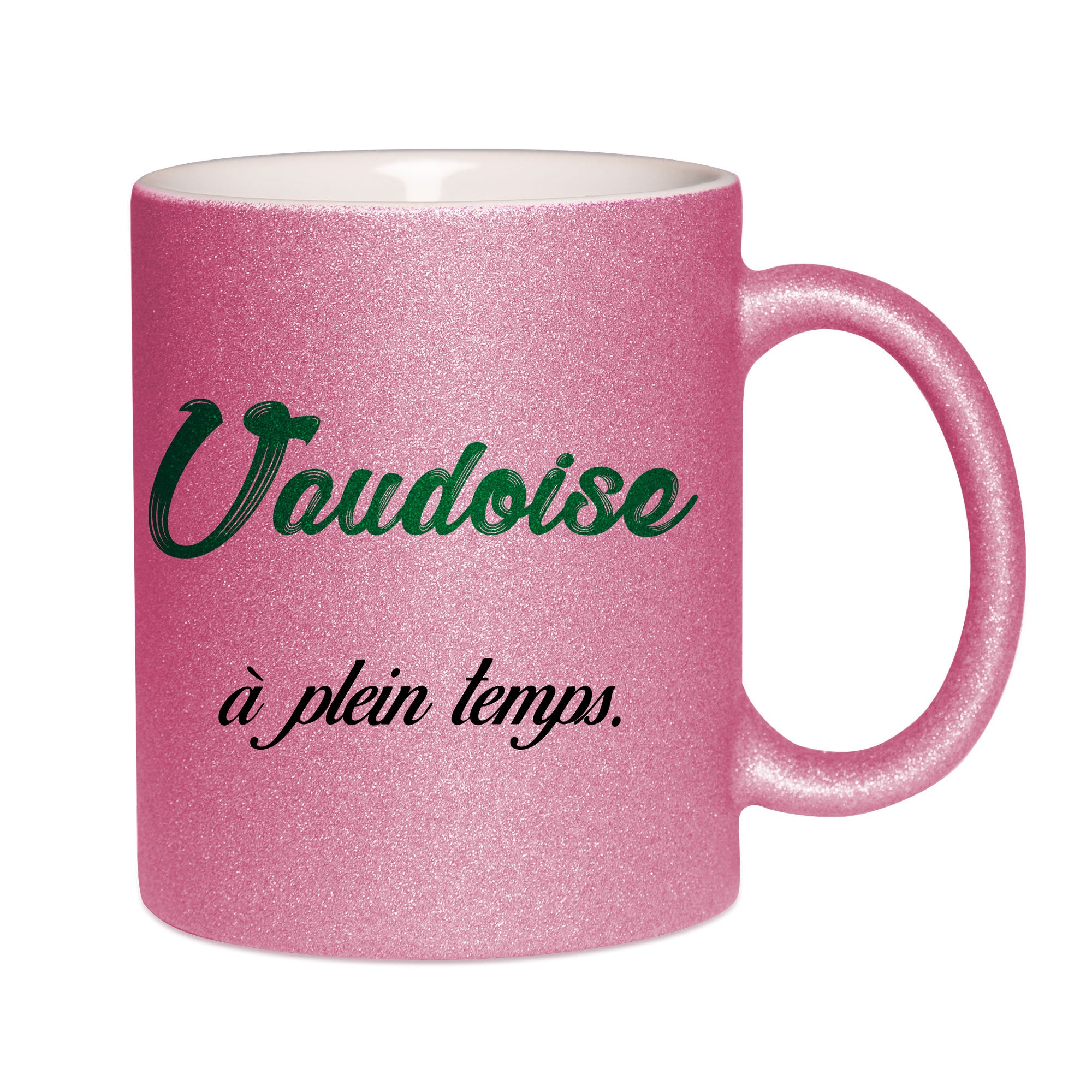 Mug paillettes rose personnalisé Vaudoise a plein temps