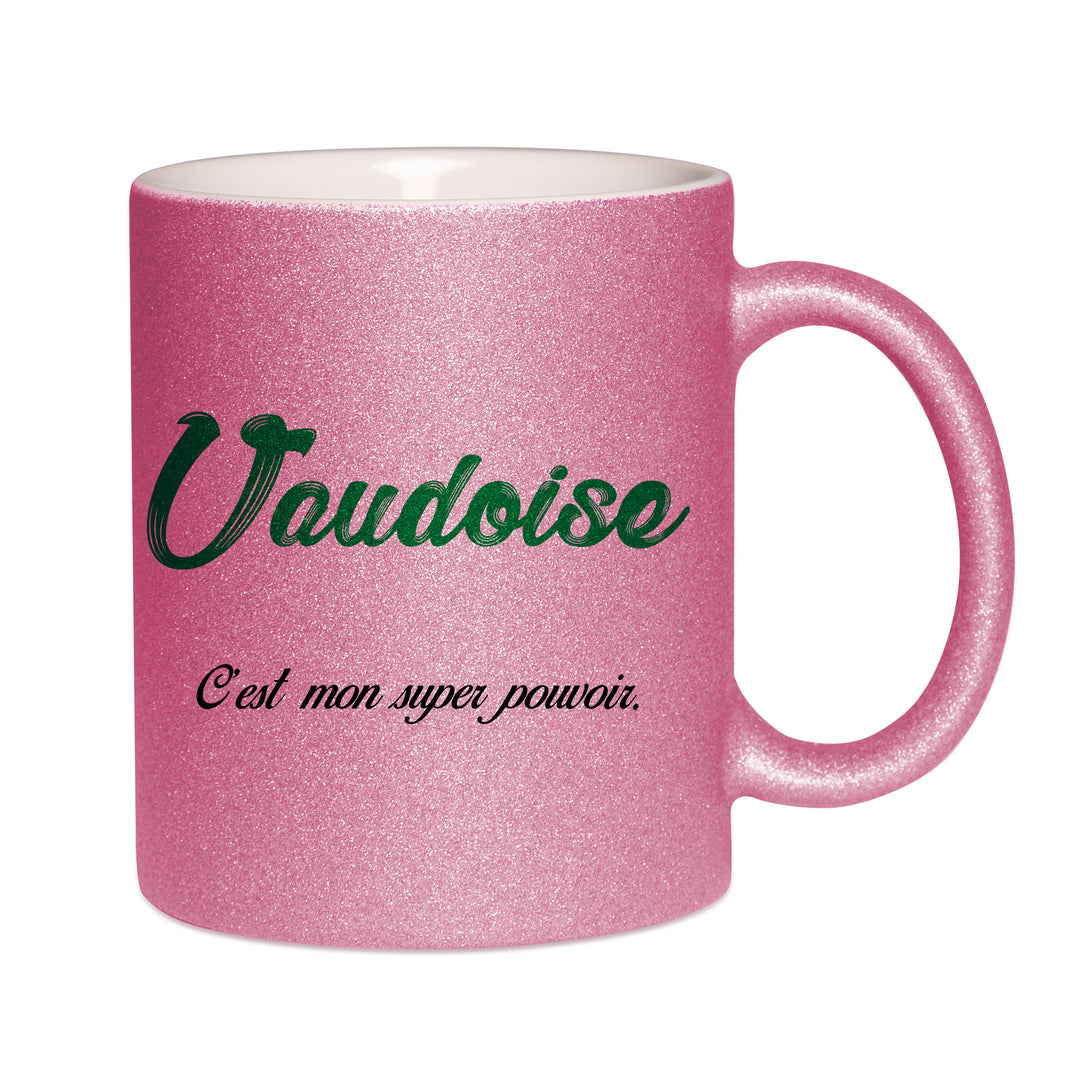Mug paillettes rose personnalisé Vaudoise c'est mon super pouvoir