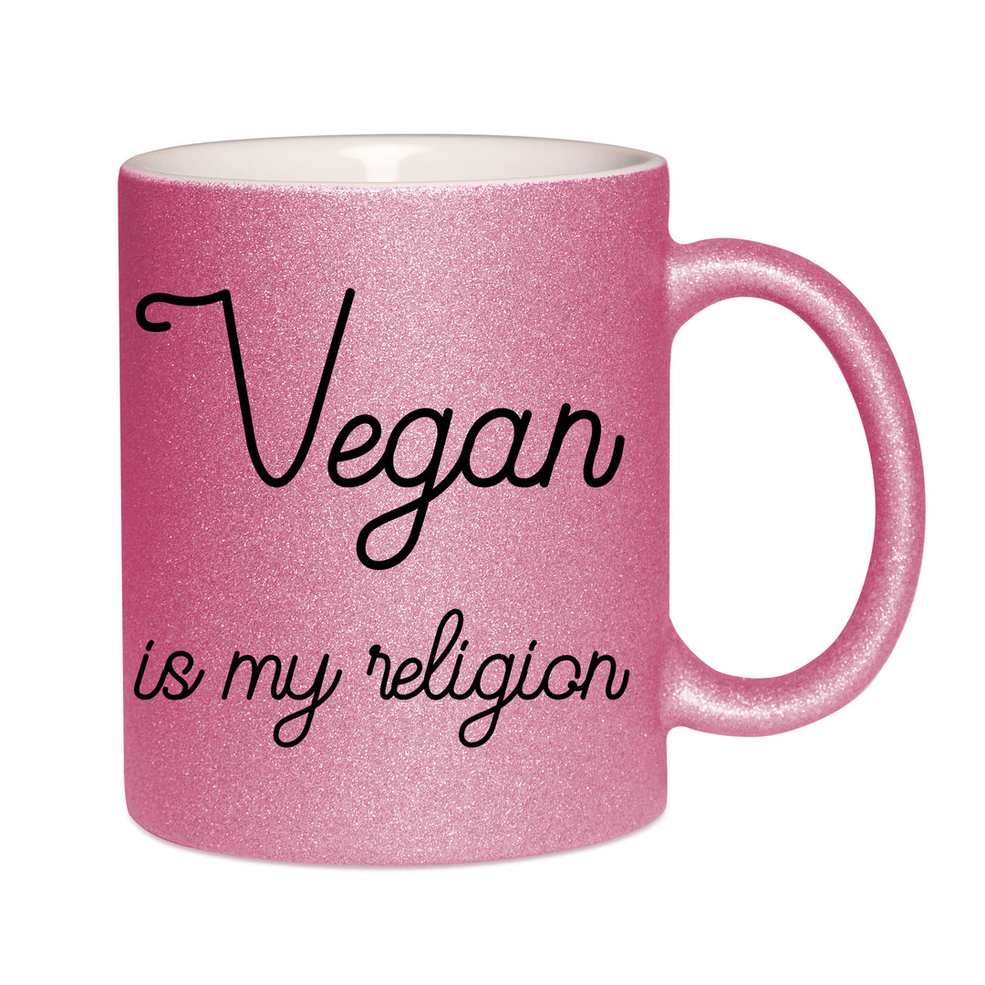 Mug paillettes rose personnalisé Vegan is my religion