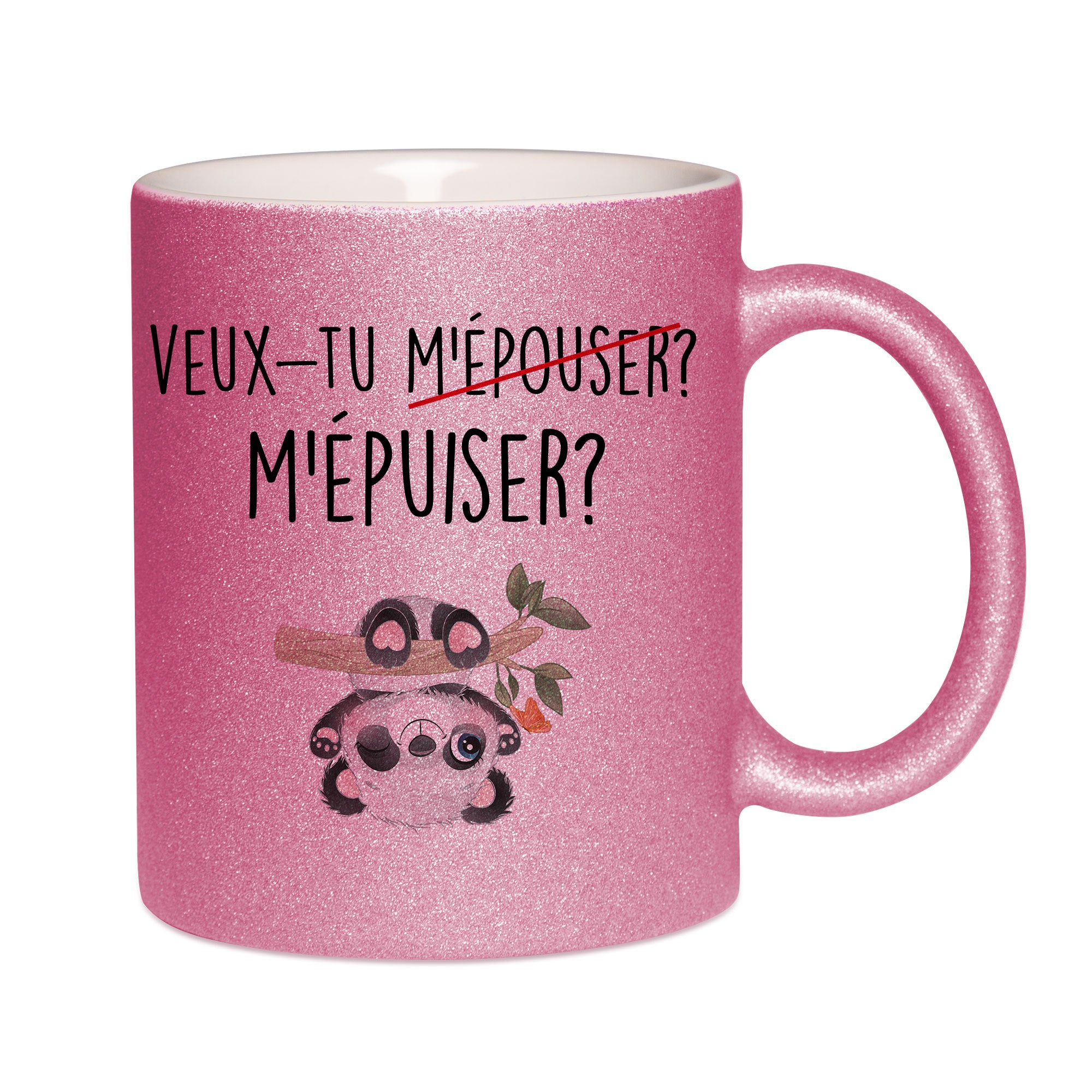 Mug paillettes rose personnalisé Veux-tu m'épuiser