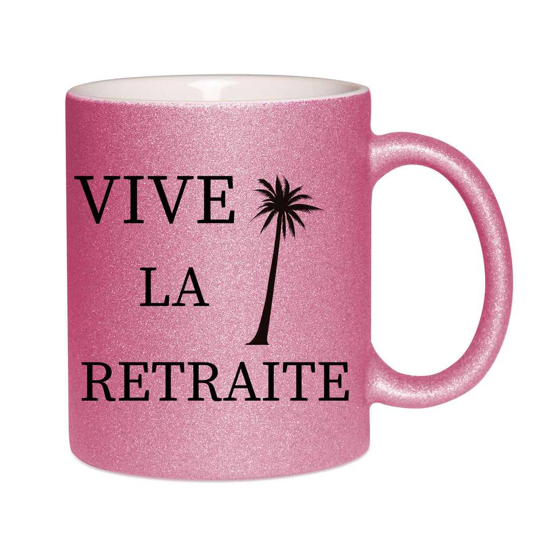 Mug paillettes rose personnalisé Vive la retraite