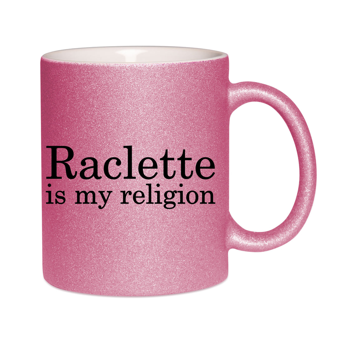 Mug paillettes rose personnalisé raclette is my religion