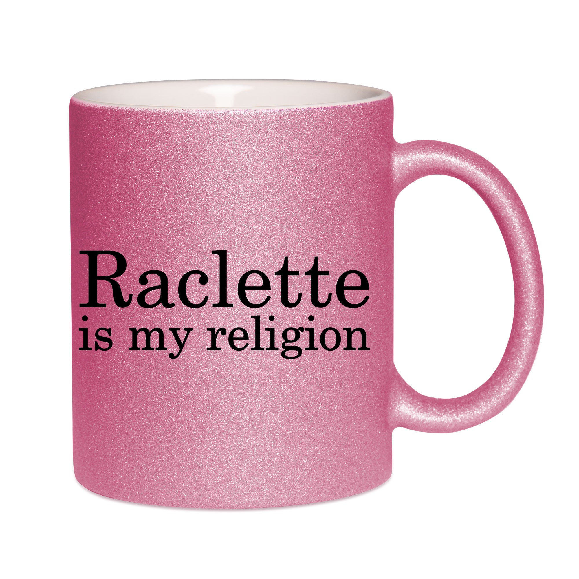 Mug paillettes rose personnalisé raclette is my religion