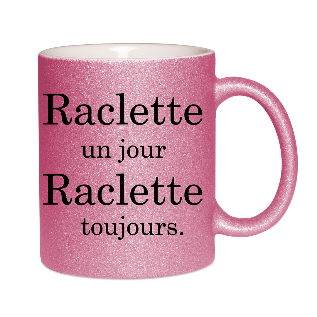 Mug paillettes rose personnalisé raclette un jour