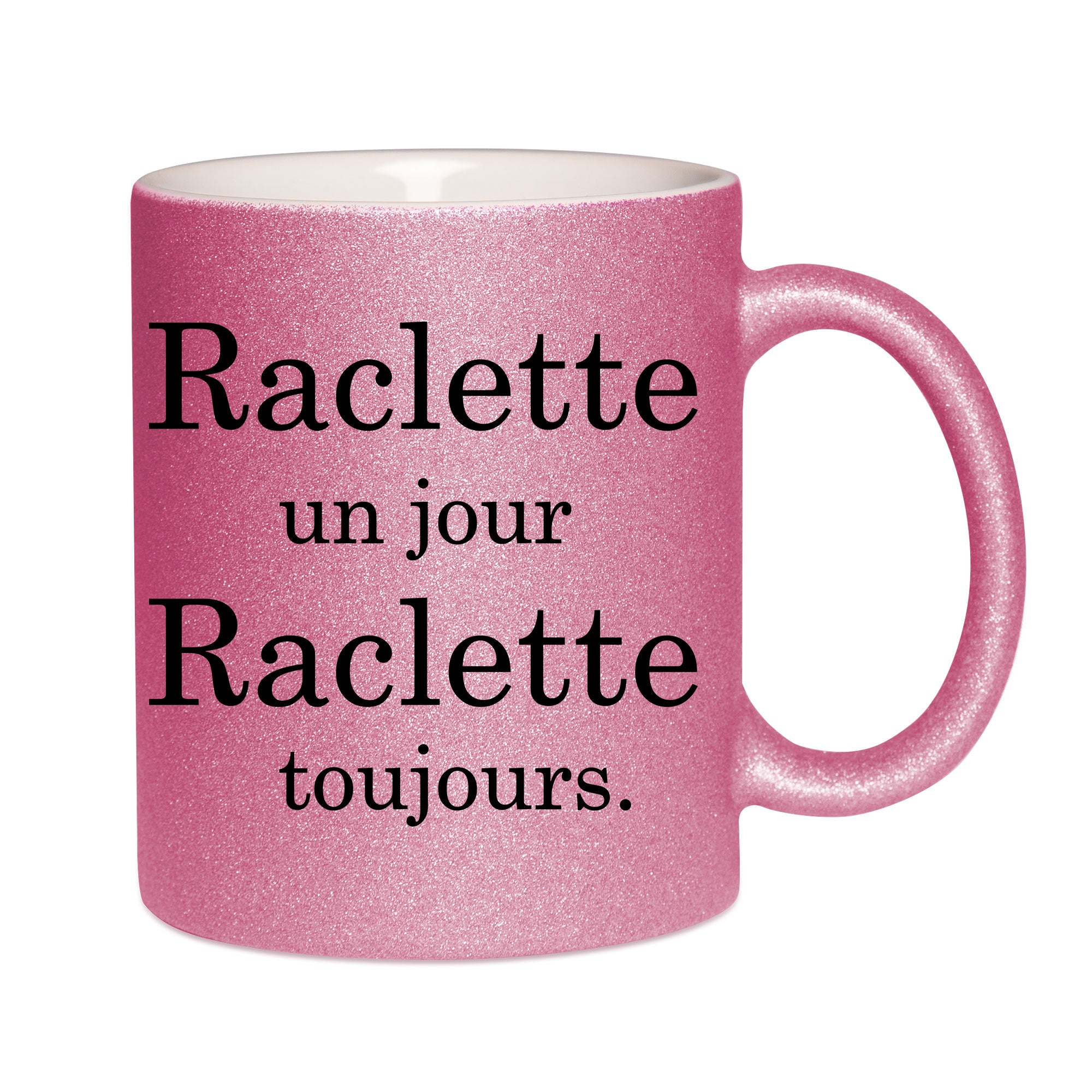 Mug paillettes rose personnalisé raclette un jour