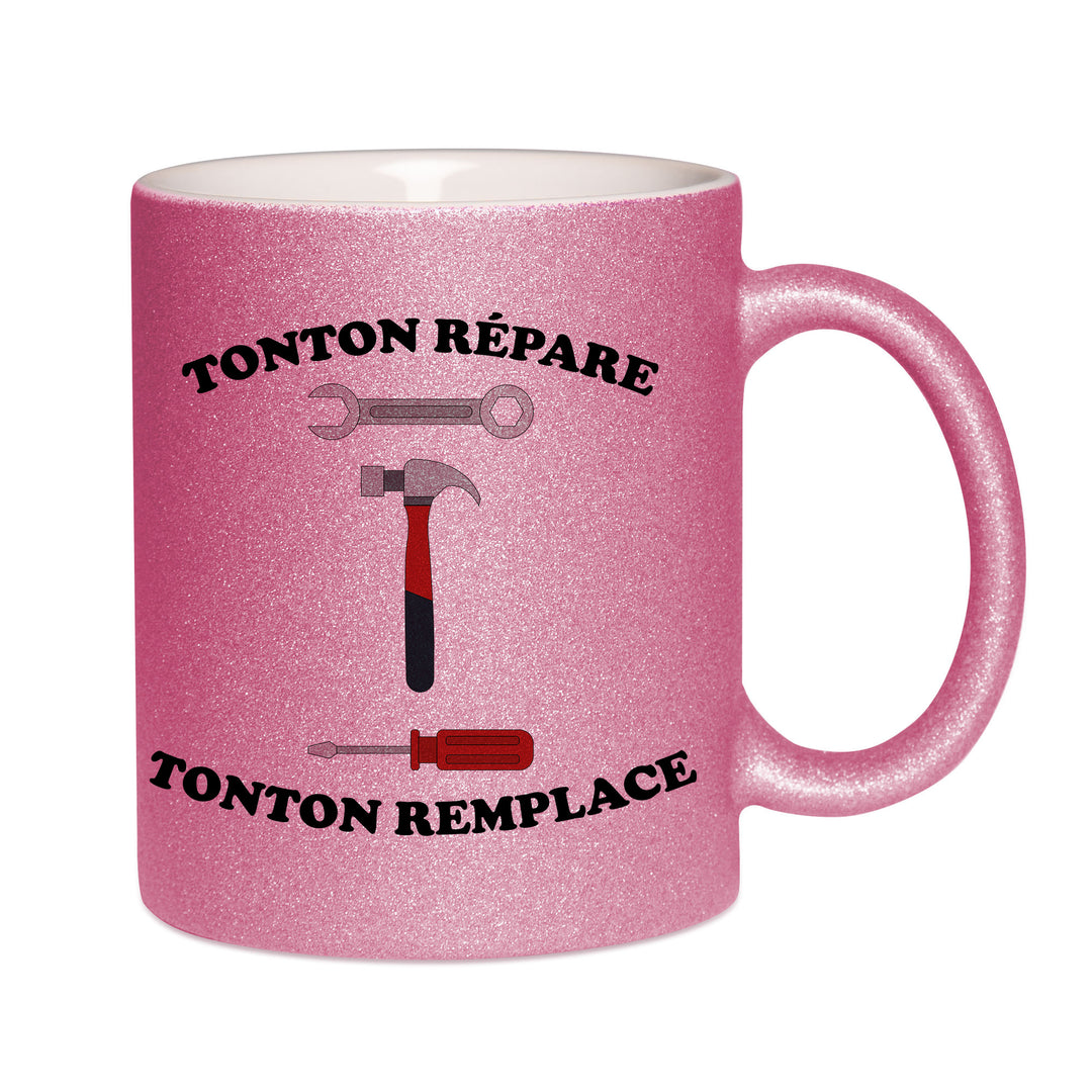 Mug paillettes rose personnalisé tonton repare tonton remplace