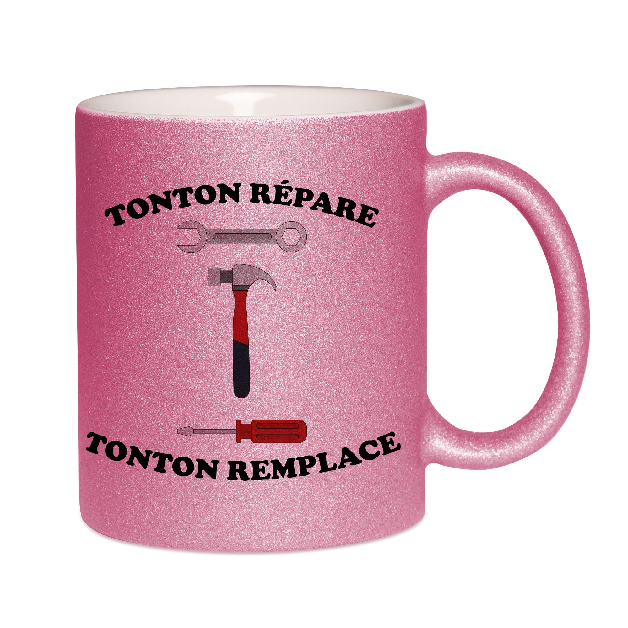 Mug paillettes rose personnalisé tonton repare tonton remplace