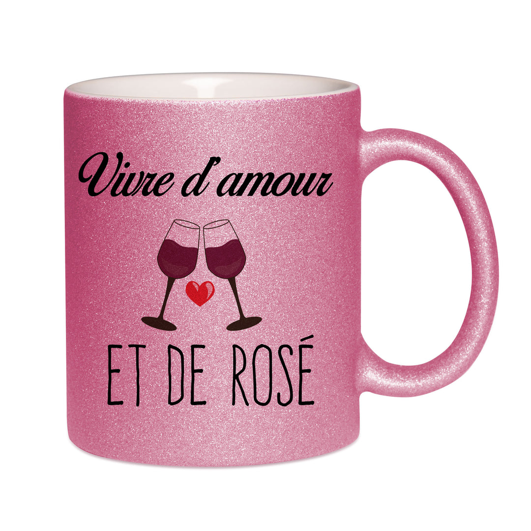 Mug paillettes rose personnalisé vivre d'amour et de rose
