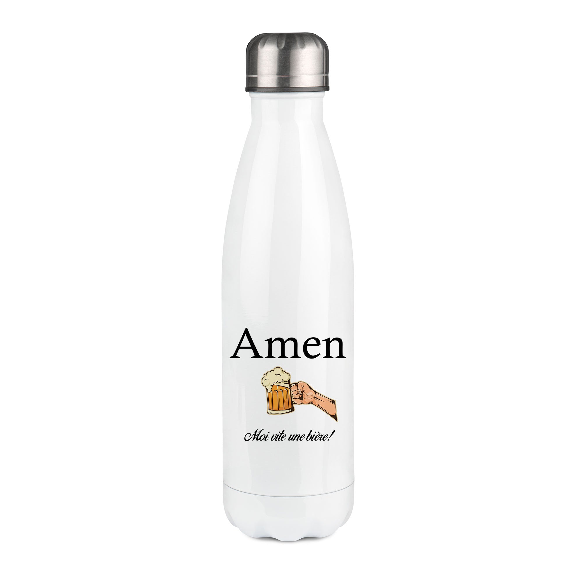 Thermos inox personnalisé Amen moi vite une biere