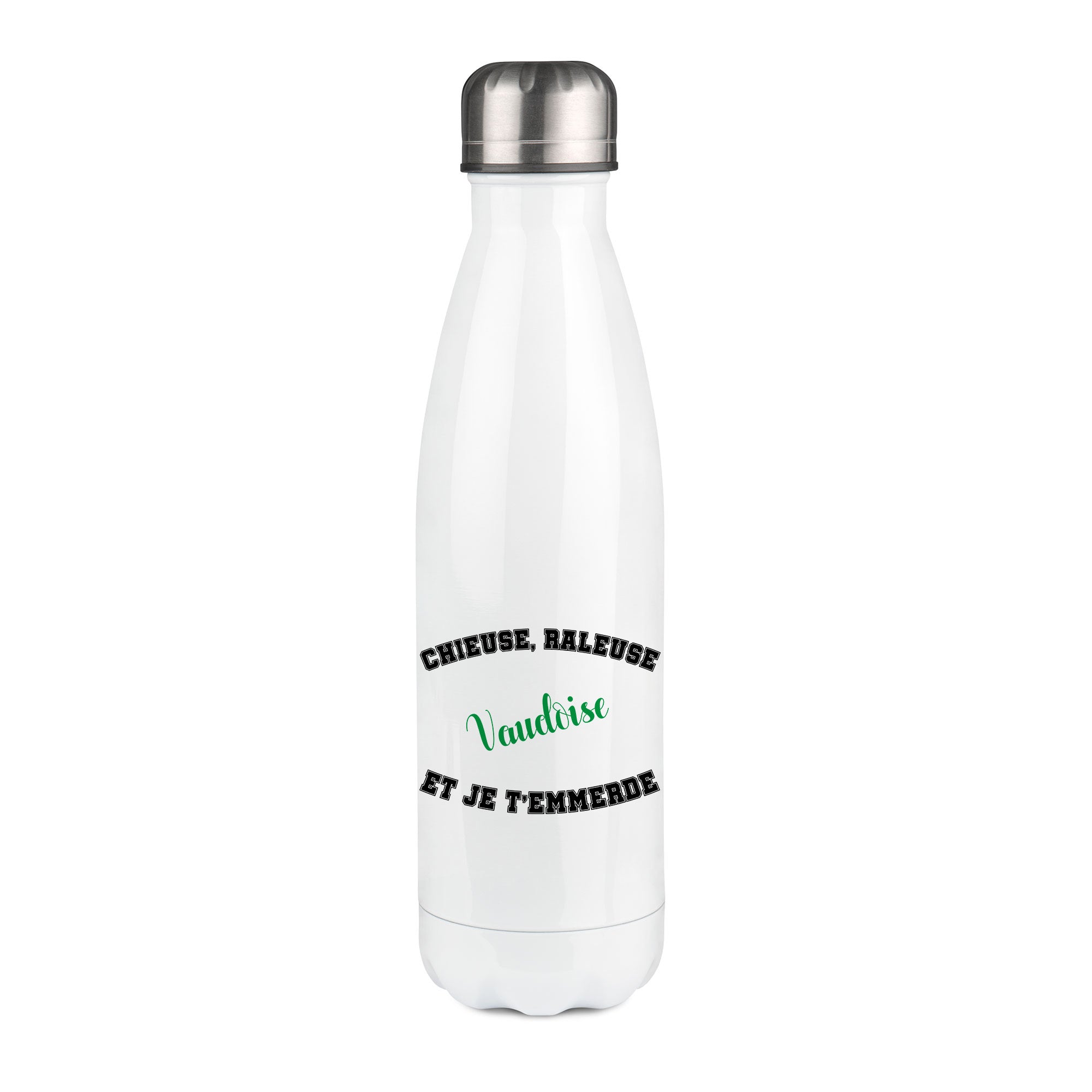 Thermos inox personnalisé Chieuse raleuse Vaudoise et je t'emmerde