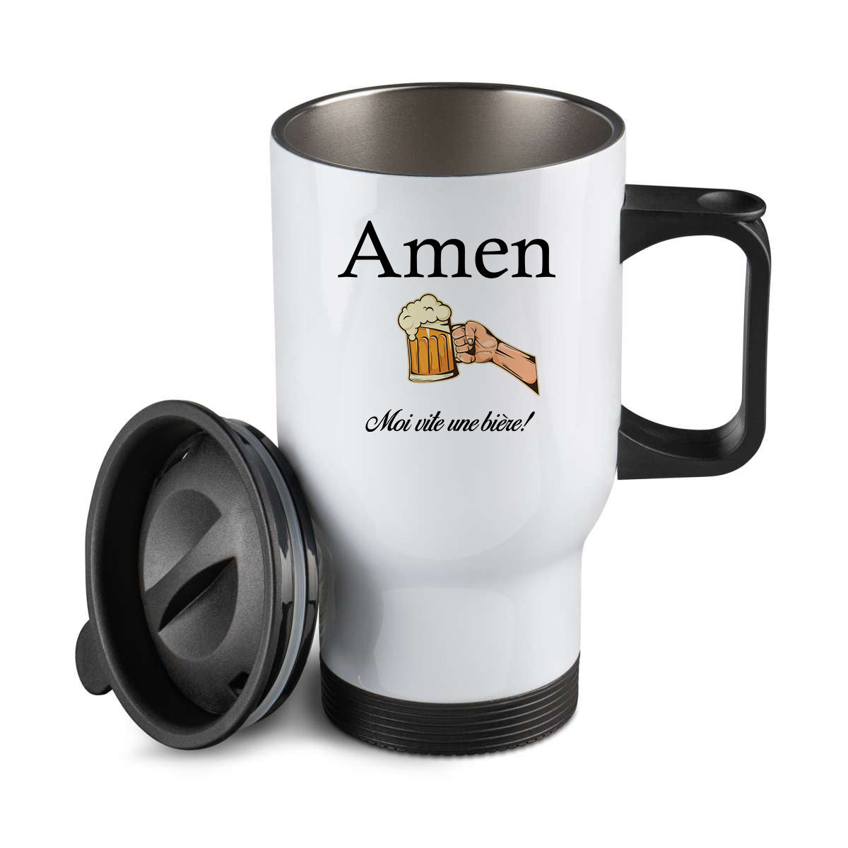 Thermos personnalisé Amen moi vite une biere