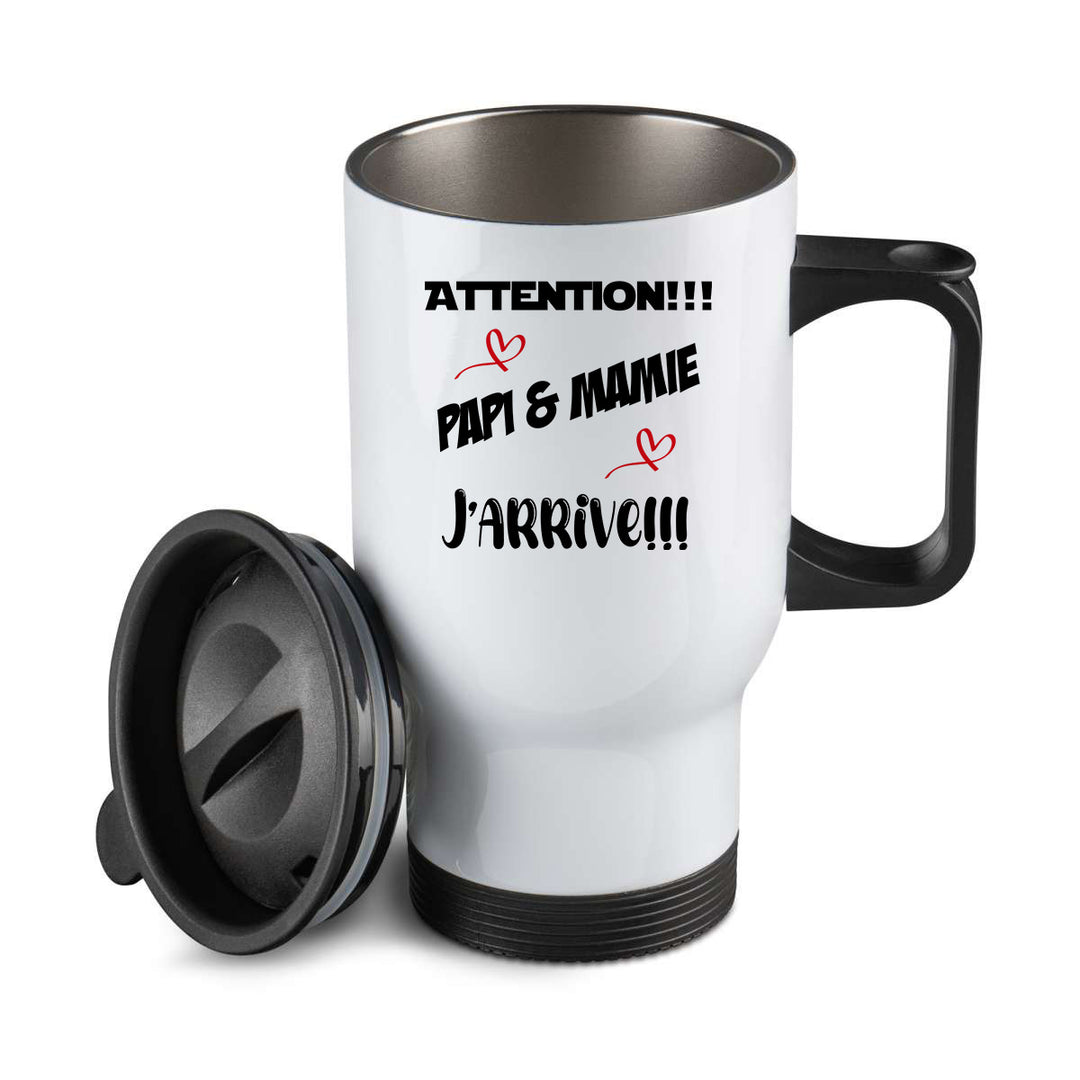 Thermos personnalisé Attention papi et mamie j'arrive